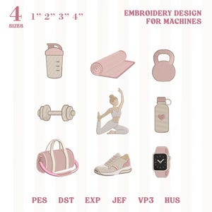 May include: An embroidery design for machines featuring fitness-themed icons. Includes a shaker bottle, rolled yoga mat, kettlebell, dumbbell, yoga pose, water bottle with a heart, duffel bag, sneaker, and a smartwatch. The design is available in 4 sizes.