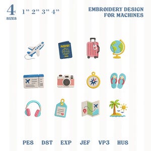May include: Embroidery design for machines featuring travel-themed icons. Includes a plane, passport, suitcase, globe, ticket, camera, compass, flip-flops, headphones, tag, map, and island. Sizes available: 1", 2", 3", and 4".