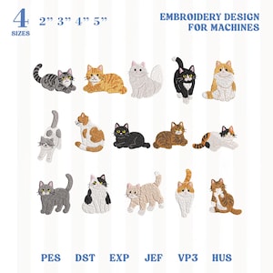 May include: Embroidery design for machines featuring various cat designs. The designs are available in 4 sizes: 2", 3", 4", and 5". The image includes the file types: PES, DST, EXP, JEF, VP3, and HUS.
