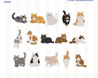 Paquete de diseños de bordado de gatos, iconos de gatitos adorables, archivos de bordado a máquina de gatos kawaii, DESCARGA INSTANTÁNEA