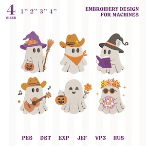 May include: Six machine embroidery designs featuring white ghosts in various costumes: a witch with a pumpkin, a cowboy, a ghost reading a book, a ghost playing a guitar, a ghost with a pumpkin and flower, and a ghost with sunglasses and a disco ball.