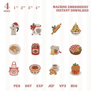 Puede incluir: Una colección digital de 12 diseños de bordado a máquina con temas de cocina y festividades, que incluye una cafetera moka, batidora, rodillo, árbol de pasta, cannoli, frasco, máquina de pasta, cesta de pan, delantal, tazón de pasta y panettone.
