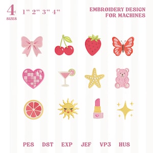 May include: An embroidery design sheet featuring 12 colorful, machine-embroidered patches. Designs include a pink bow, cherries, a strawberry, a butterfly, a heart, a cocktail, a starfish, a teddy bear, a grapefruit slice, a sun, lipstick, and a star. The sizes are 1", 2", 3", and 4".
