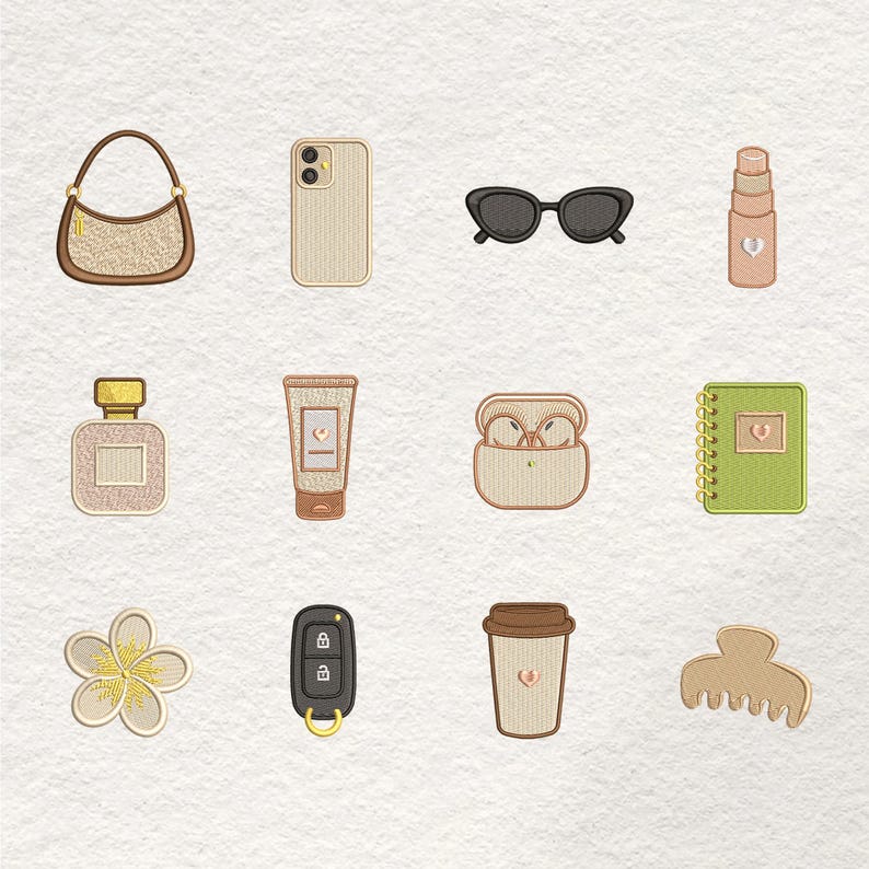 May include: An embroidered collection of everyday items, including a handbag, phone case, sunglasses, lipstick, perfume bottle, lotion tube, wireless earbuds, a spiral-bound notebook, a flower, car keys, a coffee cup, and a hair clip.