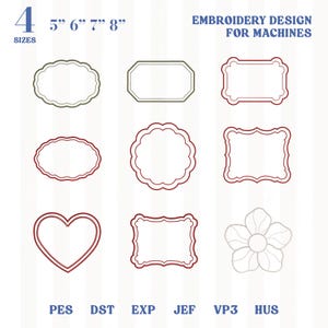 May include: An embroidery design for machines, featuring nine different frame and floral designs in various shapes. The designs are in green and red outlines, with sizes ranging from 5 to 8 inches. The image also includes the text "EMBROIDERY DESIGN FOR MACHINES".