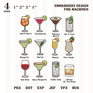 Peut inclure: Un motif de broderie pour machines avec 12 illustrations de cocktails, dont Aperol Spritz, Cosmopolitan et Margarita. Le design est disponible en quatre tailles : 2.5 cm, 5 cm, 7.6 cm et 10.2 cm, avec les formats PES, DST, EXP, JEF, VP3 et HUS.