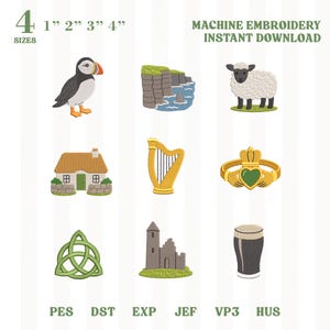 Bundel met borduurpatronen voor de Ierse machine, mini-pictogrammen van Ierse reizen, papegaaiduiker, schaap, harp, Claddagh, Keltische PES DST-bestanden, DIRECT TE DOWNLOADEN