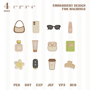 Könnte beinhalten: Stickdesign-Grafik mit Accessoires wie Handtasche, Telefon, Sonnenbrille, Lippenstift, Parfüm, Lotion, Ohrhörer, Notizbuch, Blume, Autoschlüssel, Kaffeetasse und Haarspange. Erhältlich in 4 Größen, von 2.5 cm bis 10 cm.