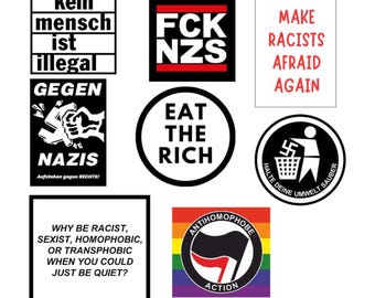 Anti-Right-Wing Sticker Set, 8 pieces, FCK NZS, against racism, sticker set - stickers for walls, windows, laptops and notebooks