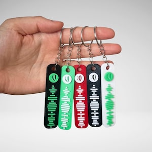 Könnte beinhalten: Fünf Schlüsselanhänger in Schwarz, Grün, Rot, Schwarz und Weiß. Jeder Schlüsselanhänger hat ein einzigartiges Spotify-Code-Design in einer Kontrastfarbe, befestigt an einem silbernen Schlüsselring.