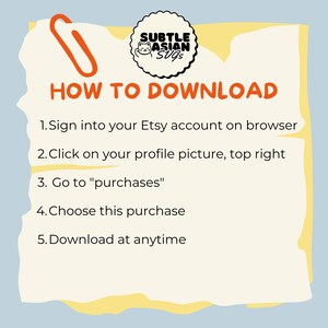 May include: A digital download guide on a torn paper background with an orange paperclip. The text reads "HOW TO DOWNLOAD" and provides instructions for Etsy purchases, including signing in, finding purchases, and downloading.