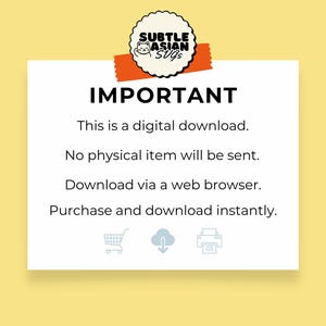 May include: A white rectangular card with the word "IMPORTANT" in bold black letters. The text below states this is a digital download, no physical item will be sent, and to download via a web browser. The card has a logo and icons.