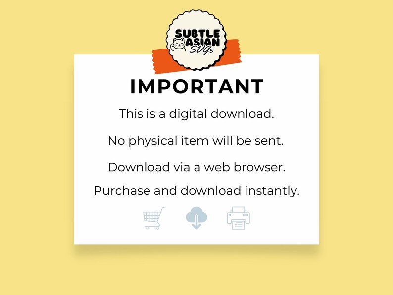 May include: A white rectangular card with the word "IMPORTANT" in bold black letters. The text below states this is a digital download, no physical item will be sent, and to download via a web browser. The card has a logo and icons.