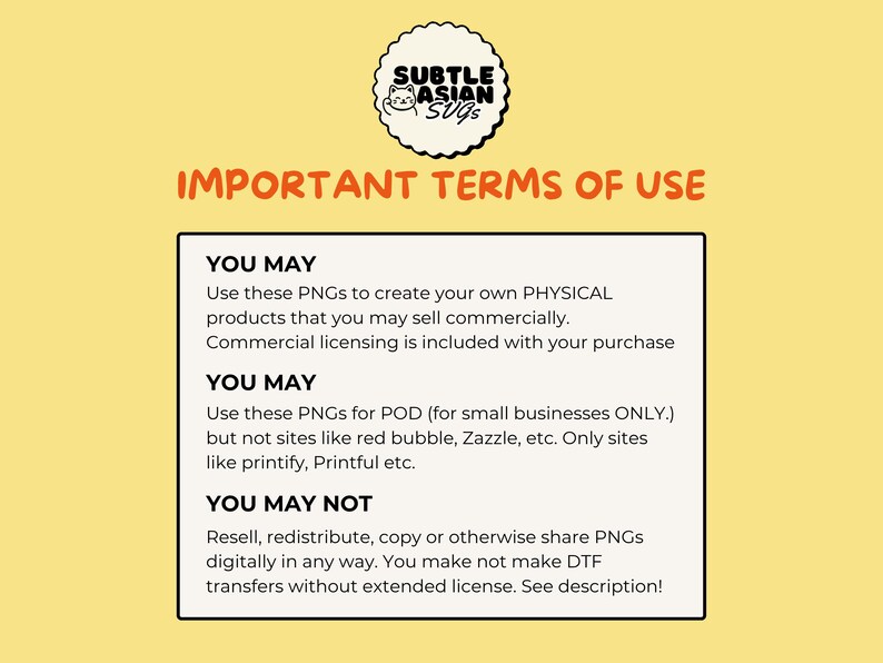 May include: A yellow background with the text "IMPORTANT TERMS OF USE" in orange. A white box contains text about the use of PNGs for physical products and POD, and restrictions on reselling or sharing the PNGs.