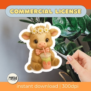 Highland Cow Strawberry Matcha | 3D Plushie Style Digital Painting PNG