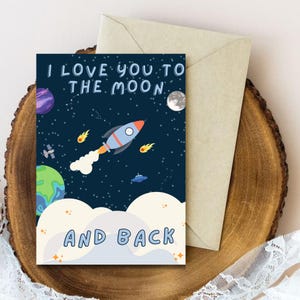 Tarjeta "Te amo hasta la luna y más allá": Carta imprimible con temática espacial para papá, mamá o niños (descarga instantánea)