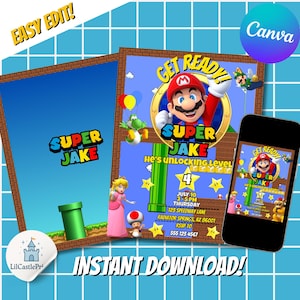 Convite de aniversário do Super Mário – Modelo editável do Canva – Convite digital para festa infantil para impressão