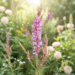 May include: A tall, slender purple loosestrife flower stalk with numerous small, vibrant pink-purple petals arranged in a spike, surrounded by green foliage and soft-focus pale cream roses in the background, with text at the bottom right.