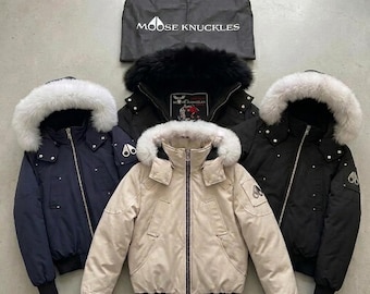 Giacca invernale con cappuccio in pelliccia Moose Knuckles: cappotto isolante nero beige per climi freddi, certificato NFC.