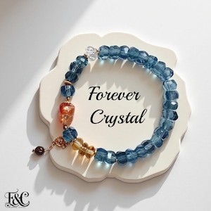 AAAA Aquamarine, Citrine, Golden Sunstone & Clear Quartz Bracelet | Faceted Rondelle Beads | Golden Sunstone Pixiu Center |