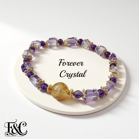Amethyst and Citrine Beaded Bracelet – Gold-Plated Copper, Crystal Jewelry