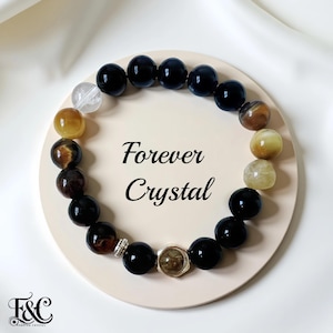 Men&#39;s Obsidian Tiger Eye Quartz Bracelet, Protective Crystal Jewelry