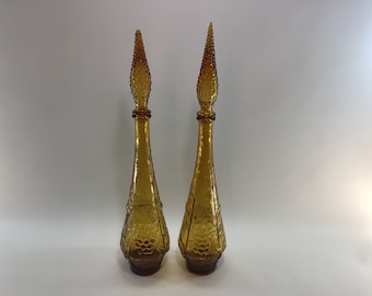 Vintage Genie Bottle Set Pair of Empoli Italian Art Glass 22" Decanter Bottles Amber Color Mid Century Home Decor