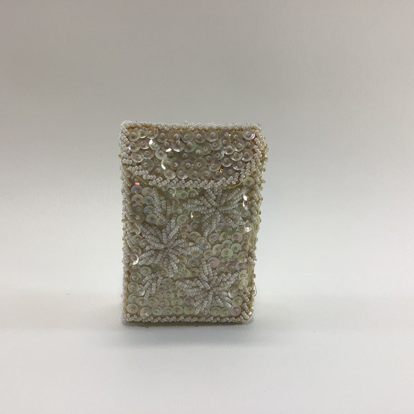 Walborg Cigarette Case White Sequin Beaded Mid Century Tobacciana Made in Hong Kong