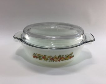 Vintage Anchor Hocking 1 1/2 qt Casserole Dish Vegetable Harvest Pattern with Lid