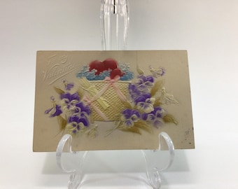 Valentines Day Postcard Airbrush Embossed Hearts and Violets Antique Ephemera