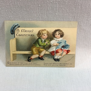 Antique Christmas Postcard Ellen Clapsaddle International Art Children on Bench
