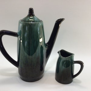 Coffee Pot & Creamer Blue Mountain Pottery Mid Century Blue Green Drip Glaze for Entertaining Dining Serving Ceramic Chocolate Pot