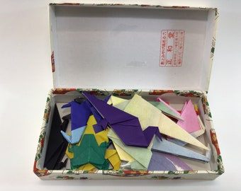 Handmade Origami Birds and Frog Vintage Japanese Ephemera 13 Piece Collection in Decorative Textured Box