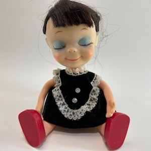 Vintage Doll 1967 Uneeda Doll Co. Inc. Little Sophisticates Kristina Long Brown Hair Black Velevetine Dress Red Shoes 8 1/2&quot; Tall