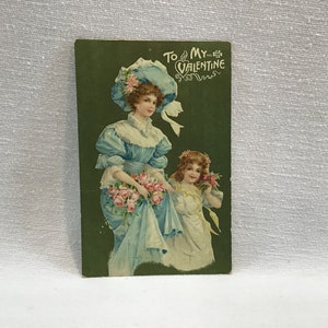 Antique Valentines Day Postcard Victorian Lady and Girl