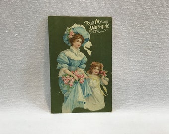 Antique Valentines Day Postcard Victorian Lady and Girl
