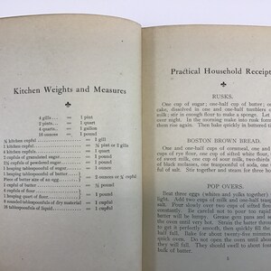 May include: A vintage cookbook with a cream-colored cover and black text. The title is "Practical Household Receipts" and the subtitle is "Kitchen Weights and Measures". The book includes recipes for rusks, Boston brown bread, and pop overs.