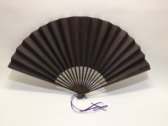 Hard Carved Wood and Linen Folding Fan Quality Ma… - image 1