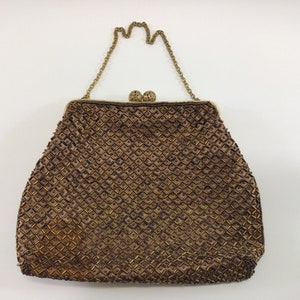 Vintage Beaded Gold Clutch Bag Purse Mid Century De Ville Creation Fashion Accessory Chain Top Handle Kiss Lock Design