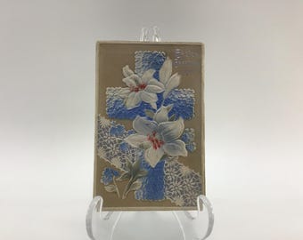 Easter Novelty Postcard Airbrush Embossed Blue Forget-Me-Nots and Lilies Antique Holiday Ephemera