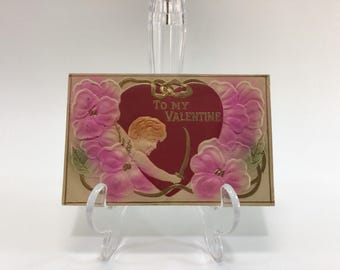 Valentines Day Postcard Airbrush Embossed Red Heart with Cupid and Flowers Antique Ephemera