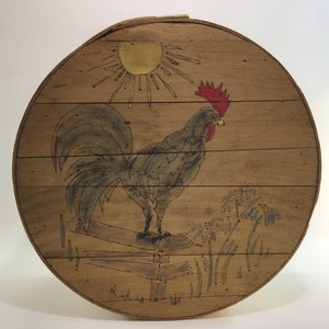 Wooden Cheese Box Sewing Basket Vintage Country Kitchen Farmhouse Decor Pyrography Rooster