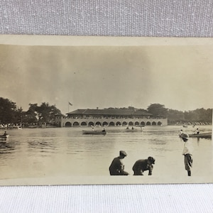 Antique RPPC Real Photo Postcard, Lake Scene, People Boating