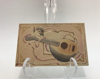 Valentines Day Postcard Glitter Embossed Cupid and Mandolin Antique Ephemera
