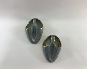 Mid Century Ceramic Wall Pocket Set Home Wall Decor Blue with Gold Gilt Double Opening Vase No 729
