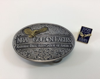 NRA Golden Eagles 1995 Belt Buckle and Pin Set Vintage Brass 940492