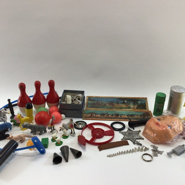 Mixed Media Assemblage Art Supplies Lot Vintage Assorted Parts and Pieces Primarily Small Plastic Toys Animals Glass Slides Toothed Rip Cord
