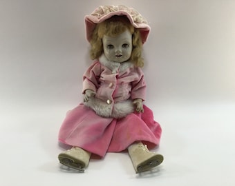 Spooky Sleepy Eye Composite Doll 18" Vintage Crackled Pale Face Ice Skater in Pink Sweet Ethyl
