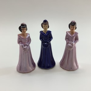 Vintage Wedding Cake Toppers 3&quot; Plastic Bridesmaids Maid of Honor Made in Hong Kong 3 Figures Blue Pink