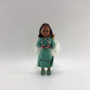 Native American 7" Sleepy Eye Doll with Twins Vintage Toy Souvenir Molded Plastic Beaded Pleather Dress
